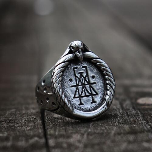 Crow Skull Rune Signet Rings Mens Viking Silver Color Stainless Steel Ring Nordic Amulet Jewelry