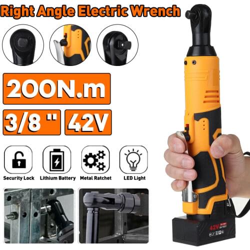 200N.m Electric Wrench 42V Cordless Ratchet Rechargeable Scaffolding Right Angle Wrench 3/8 with 2 Battery Charger Power Tool