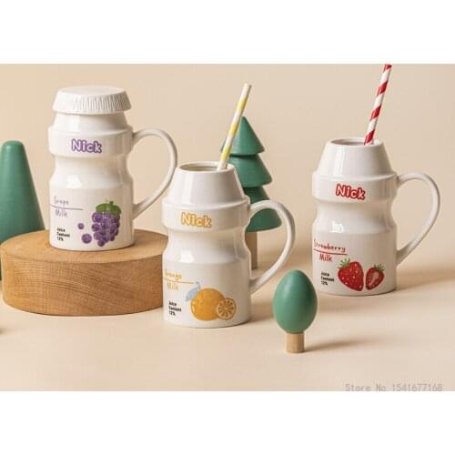 Ceramic Mug Juice Cup Yakult Cartoon Cute Water Cup With Lid And Handle Strawberry Orange Avocado Grape Pattern Yogurt Cup