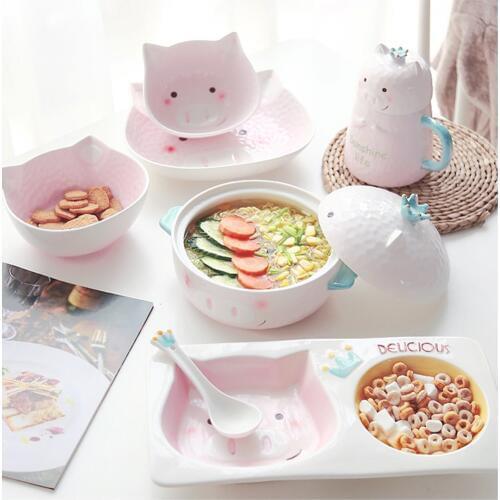 Ceramics Dinner Set bowl set 8.5 inch Cartoon pig Plate set ramen bowl Partition Dish Porcelain Dessert Plate&Bowl Wholesale
