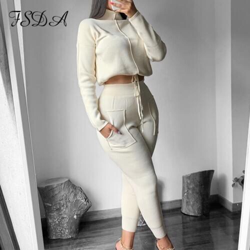 FSDA Two Piece Set 2020 Long Sleeve Crop Top Turtleneck And Pants Autumn Winter Women Set Casual Outfits Sport Suit