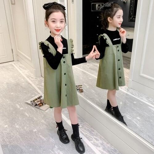 Wholesale girls sets 2021 spring fall teenage girls black t shirts and dress 2pcs suits children outfits for 4-14year