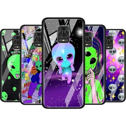 Cartoon Space Alien for Xiaomi Redmi Note 10 Pro Max 10S 9T 9S 9 8T 8 7 Pro 5G Luxury Tempered Glass Phone Case Cover