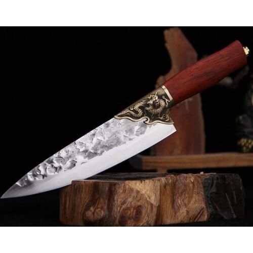 LongQuan Newest 8 Inch Chef Barbecue Knife Hunting Camping Sharp Cleaver Handmade Forge Steel Kitchen Knives Copper Dragon Decor