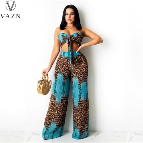 VAZN 2021 New Bohemian Chiffon Free Young Strapless Top Long Wide Leg Pants Slim 2PCs Set Beach Ladies Women Suits