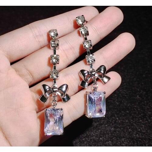 Luxury Bowknot Long Hanging Earrings Inlay Square Shiny AAA Zircon Silver Europe America Jewelry For Women Wedding Engagement