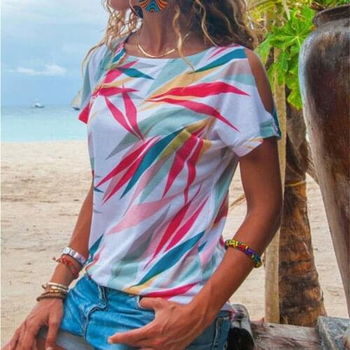 Off Shoulder Fashion T-Shirt Womens Summer Leaves Printed Short Sleeve Crew-Neck T-Shirt Casual Tee Tops camisetas de mujer