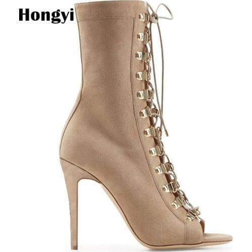 Hongyi Punk Rock Hedgehog Gladiator shoes Rivets Summer Ankle Boots Womens Peep Open Toe High Top Sandals High Heel Pumps
