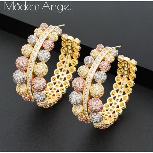 ModemAngel 48mm Luxury Ball Earrings Large Full Mirco Paved Microl Zirconia Three Colors Copper Big Wide Circle Drop Earrings