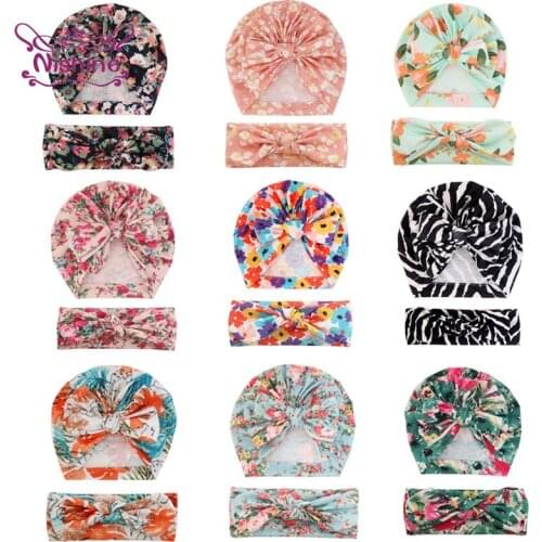 Nishine Lovely Flower Pattern Infant Hat and Hairband Set Vintage Print Bowknot Toddler Cap Clothing Decoration Baby Accessories