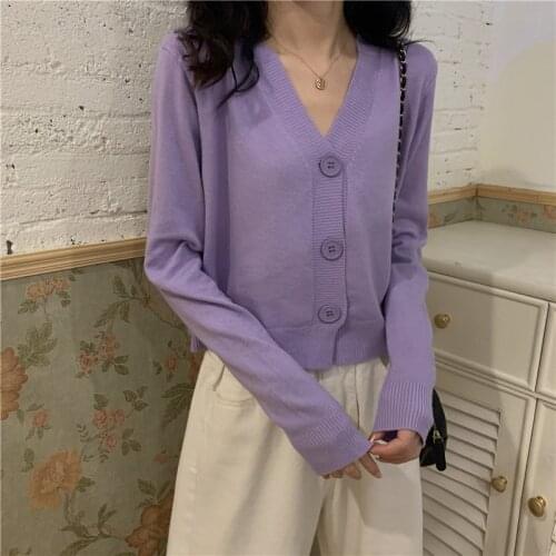 Thin Cardigan Women V-Neck Single Breasted Cardigans Basic Long Sleeve Cropped Knit Sweater Lilac 2020 Autumn Vintage Ladies