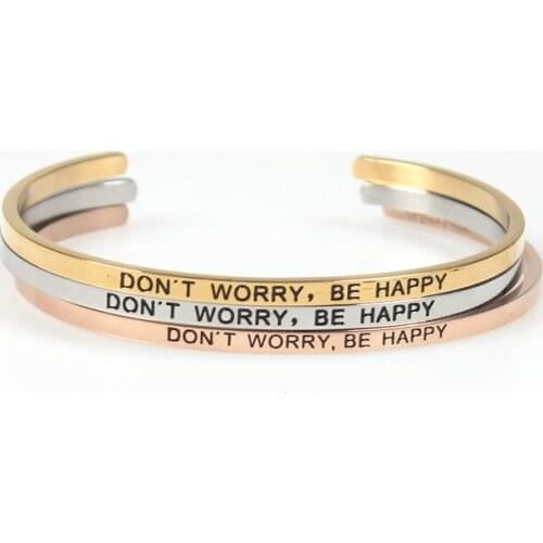 DONT WORRY BE HAPPY 316L Stainless Steel Bracelets & Bangles Inspirational Adjustable Open Cuff Bar Bangle Mantra Bracelet