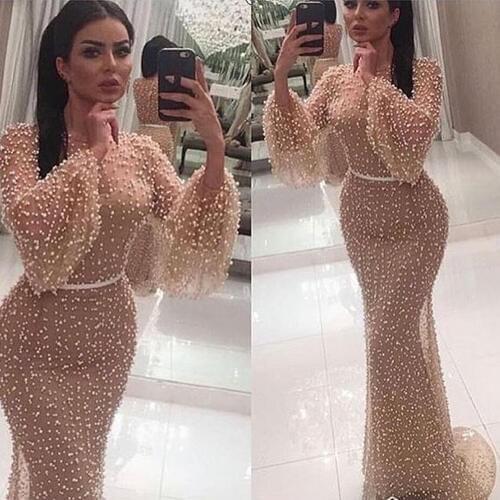 SuperKimJo Robe De Soiree Peals Champagne Evening Dresses 2020 Mermaid Long Sleeve Luxury Beaded Elegant Evening Gown