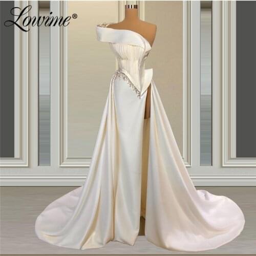 Ivory Elegant Evening Dresses Customized Long Prom Dresses 2021 Robes One Shoulder Beaded Pearls Satin Celebrity Party Gowns