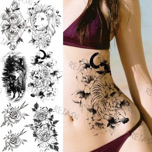 Tiger Dahlia Temporary Tattoos For Women Men Wolf forest Lion Geometric Flora Peony Fake Tattoo Sticker Waist Arm Tatoos Sexy 3D