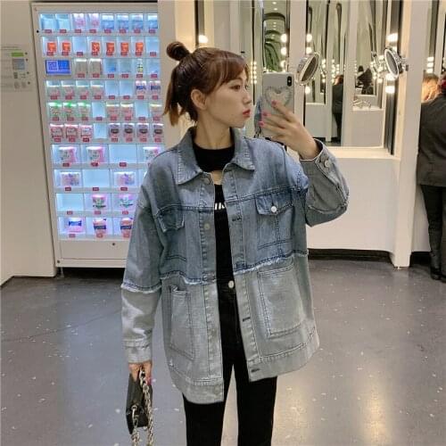 2021 spring new jacket jacket tide retro port style stitching casual loose washed denim jacket women