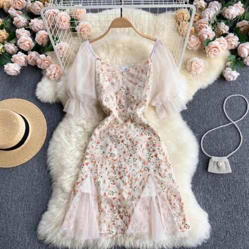 Womens 2021 France Summer Tulle Splicing Chiffon Flowers Fairy Dress Elegant Vintage Puff Sleeve Slim Waist Mini Dress