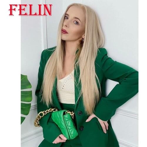 FELIN Za 2021 Vintage Women Blazer Office Lady Long Green Jackets Autumn Winter V-Neck Elegant Oversized Coats Mujer Outwear