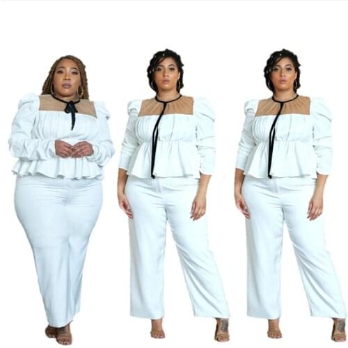 OL Style Women Solid Mesh Patchwork Two Piece Sets 2021 Spring O-neck Puffy Sleeve Tops High Waist Loose Pants Plus Size Outfits