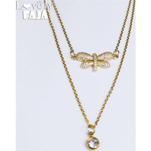 2pcs Dragonfly Stainless Steel Zircon Copper Layered Necklaces Gold Color Women Necklace Jewelry joyeria colier femme NC52S03