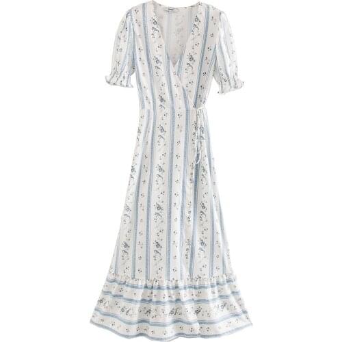 Vintage wrap dress women floral print elegant vestidos v-neck blue ropa mujer long dress za 2020 ummer clothes for women