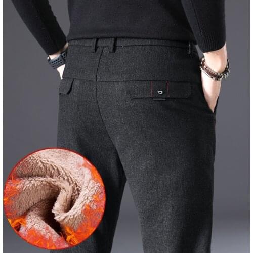 Winter Mens Fleece Thick Pants Men Fit Formal Trousers High Quality Brand Business Black Gray Warm Slim Long Casual Pants Men 38