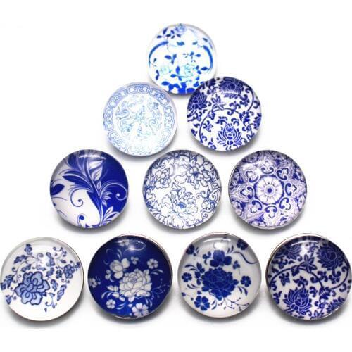 10pcs/lot blue and white porcelain Snap Buttons Charms 18mm Animal Print Glass Buttons Fit DIY Snap Bracelets&Bangle Jewelry