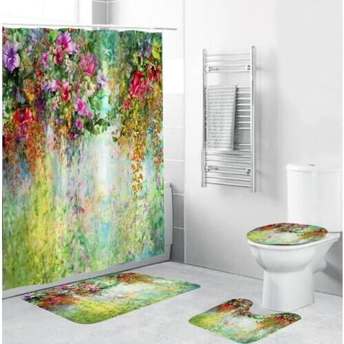 180*180cm Flowers Fabric Shower Curtain Set Bath Mats Rugs Bathroom Curtains Anti-slip Rug Toilet Lid Cover Carpet Home Decor