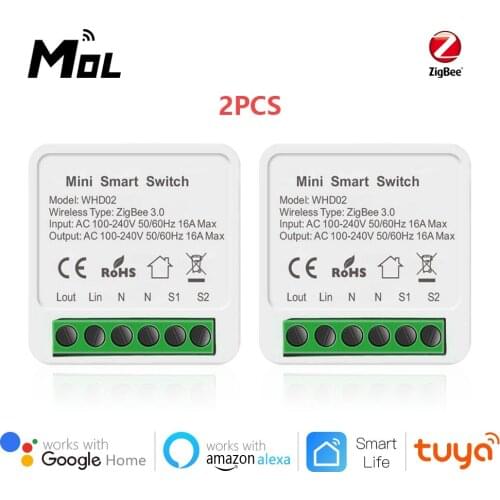2PCS Tuya ZigBee 3.0 16A Mini Smart Wifi DIY Switch Supports 2 Way Control, Smart Home Automation Module,Works with Alexa Google