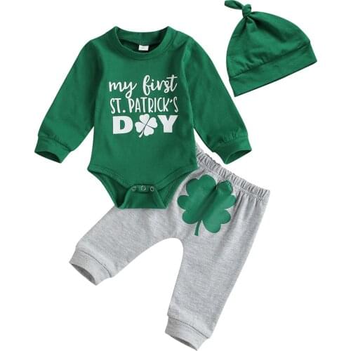 2021 0-18M St. Patricks Day Infant Baby Boy Clothing Letter Print Long Sleeve Green Romper Top+Clover Harem Pants+Hat 3pcs Set