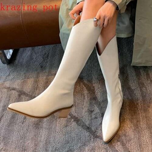 Krazing pot cow leather pointed toe Chelsea boots keep warm thick heels zipper streetwear retro equestrian thigh high boots L98