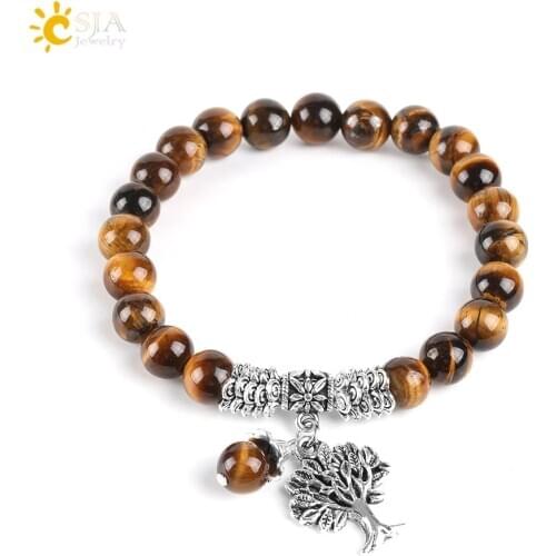 CSJA Natural Tiger Eye Lucky Gem Stone Tree of Life Bracelets 2017 Rosary Reiki Healing Energy Mala Yoga Beads Men Jewelry E725