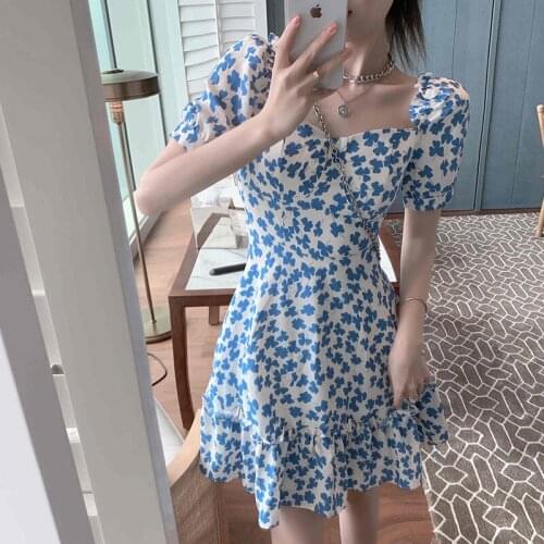 French new blue floral dress summer square collar Bubble Sleeve Ruffle Skirt