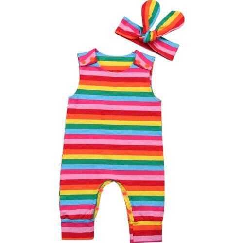 Pudcoco Fast Shipping 0-24M Newborn Baby Girls Romper Clothes Sleeveless Print Rainbow Romper Jumpsuit Cotton Clothes+Headband