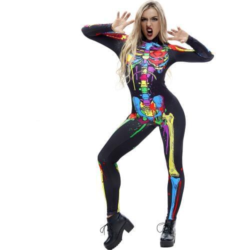 Cosplay Catsuit Skeleton Costume Jumpsuit 3D Print Scary Halloween Costumes For Women Mechanical Skull Plus Size Bodysuit