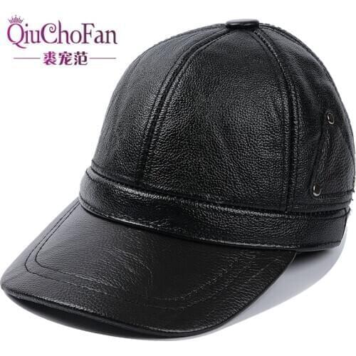 Men Real Leather Baseball Cap Brand Casual Cowhide Leather Baseball Hat Autumn Winter Real Cowhide Leather Ear Protection Cap