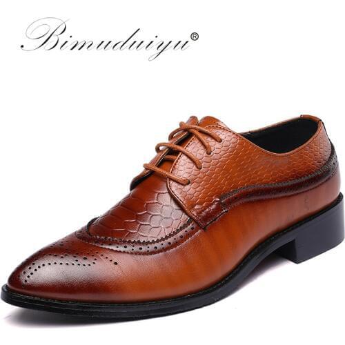 BIMUDUIYU Brand Size 47 48 Fashion Mens Formal Dress Shoes Pointed Toe Bullock Oxfords Shoes Lace Up Designer Men Shoes
