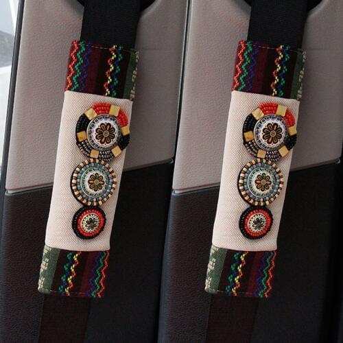 2pcs Bohemia Beads Crystal Car Safety Seat Belt Cover Seat Harness Shoulder Pad Car Styling National Style Seatbelt Cover