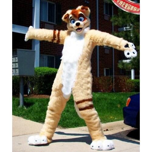 Plush Fur Khaki Wolf Dog Simulation Husky Mascot Costumes Can Be Washed With Water High Quality EVA Material Helmet Luxury