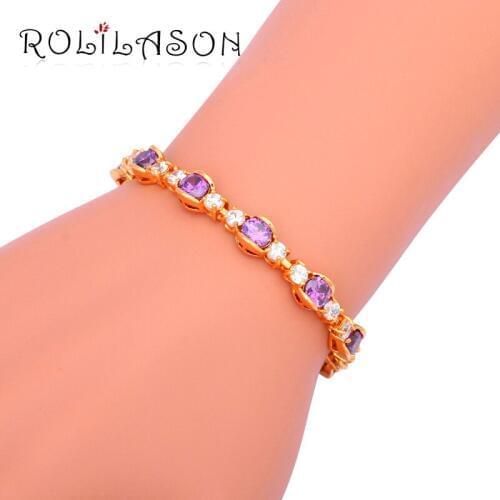 ROLILASON Anniversary Gifts Hot Sell Zircon Purple Crystal golden Charm Bracelets Health Fashion jewelry TBS981