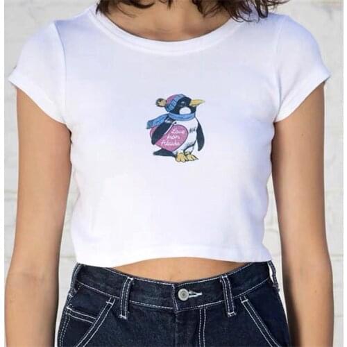 Heart Penguin Cartoon Super Chic T Shirts College Girls White Tshirts 2021 Summer New Streetwear Crop Tops College Girls Fashion