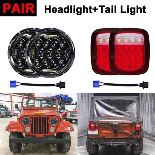 Pair 7" Inch LED Headlights Halo Angle Eye +Tail Brake Lights For Jeep Wrangler TJ CJ