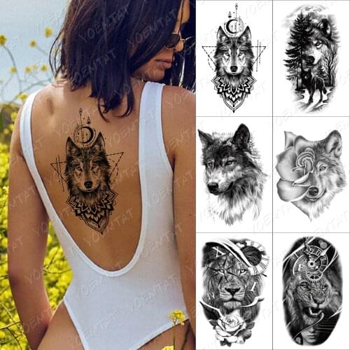 Moonlight Henna Wolf Temporary Tattoo Sticker For Men Women Forest Animals Waterproof Fake Tiger Lion Body Art Tatoo Decal