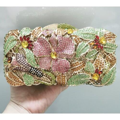 WHTUOHENG Green/Purple/Pink Diamond Wedding Purse Multi-Colored Crystal Floral Evening Metal Clutches Luxury Designer Women Bag