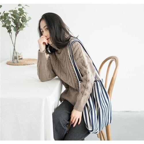 Women Canvas Shopping Bag Blue Striped Vintage Ladies' Chic Casual Shoulder Bag Foldable Reusable Cotton Bag Female Tote Handbag