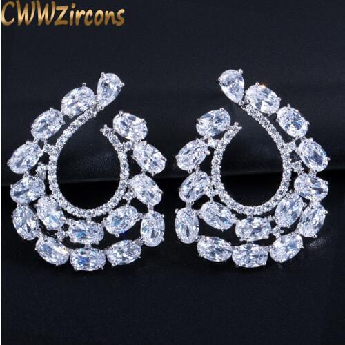 CWWZircons Brand Fashion Design Oval Round Cubic Zirconia Women Big Stud Earring Silver Color Ladies Party Costume Jewelry CZ355