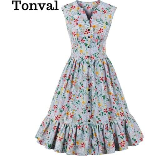 Tonval V Neck Single Breasted Multicolor Print High Waist Summer Clothes for Women Ruffle Hem Sleeveless Vintage Pleated Dress