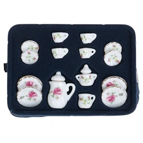 1/12 Dollhouse Miniature 15PCS pink Flower Patten Porcelain Coffee Tea Cups Ceramic Tableware Dollhouse Kitchen Accessories