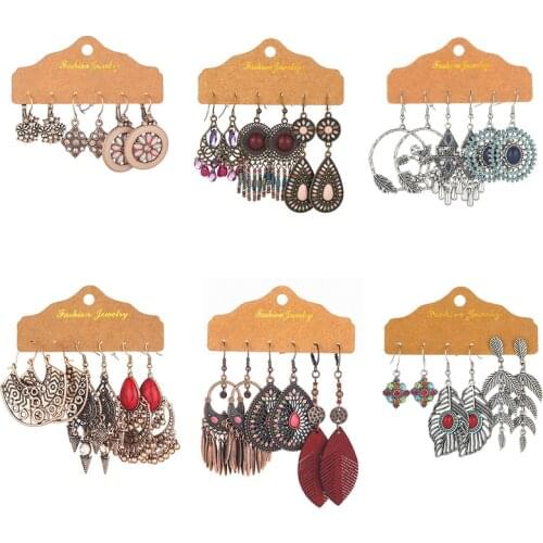 2020 Fashion Multicolor Crystal Leaf Drop Earrings for Woman Boho Vintage Geometry Round Tassel Long Earrings Set Jewelry Gift