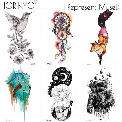 IORIKYO Watercolor Dreamcatcher Temporary Tattoos Man Women Galaxy Planet Mountain Round Body Art Brid Fox Flash Tattoo Stickers
